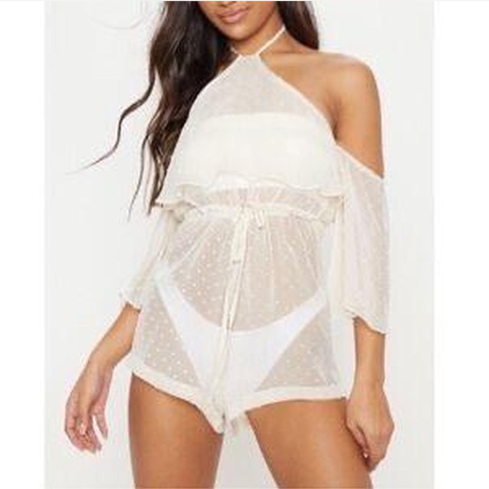 PrettyLittleThing Cream Polka Dot Sheer Romper